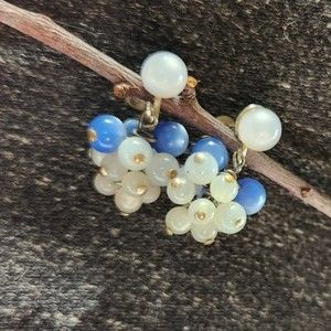 Vintage Blue and Light Gray Bead Cluster Dangle Earrings Screw-Back